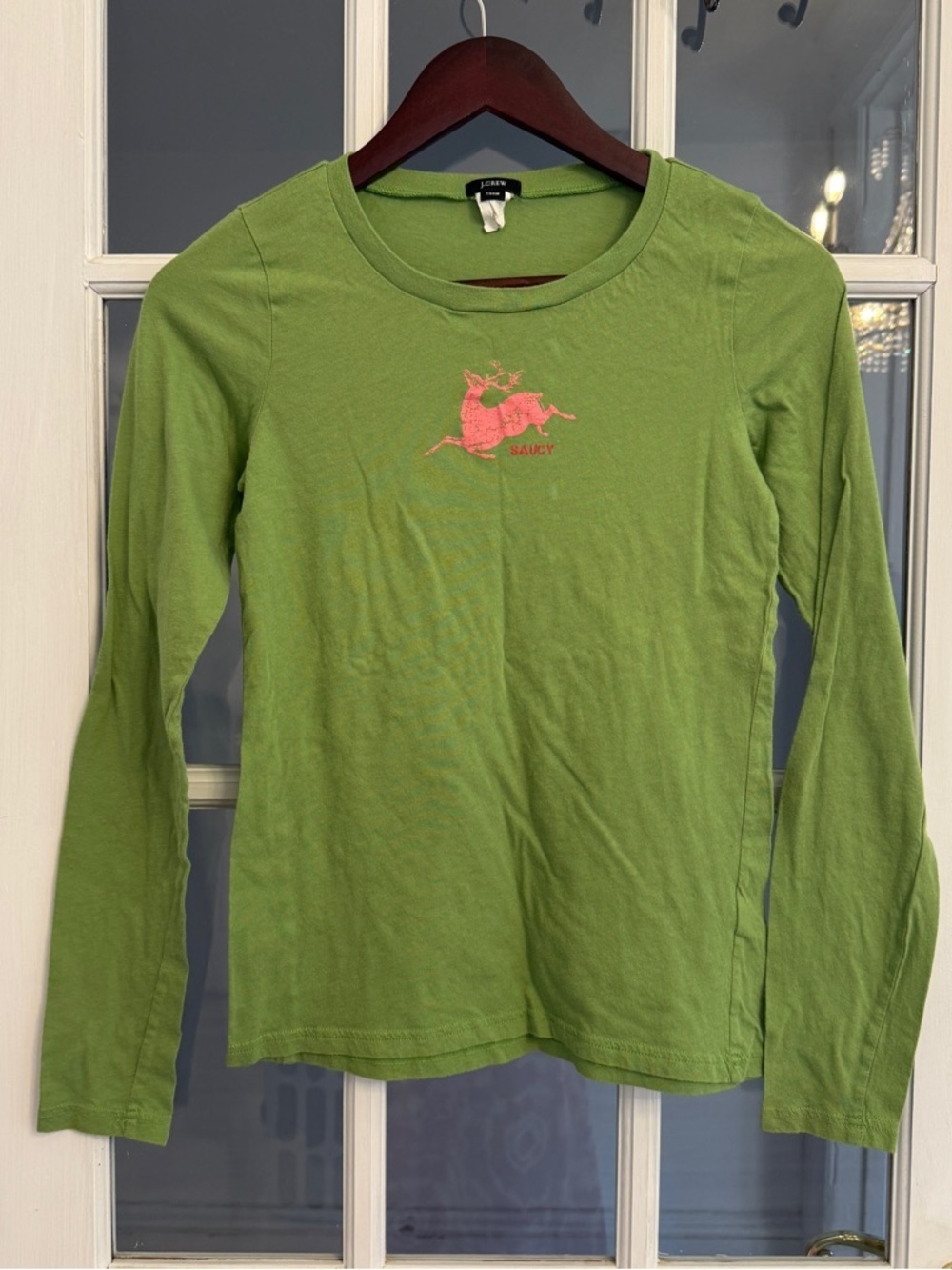 J. CREW Women’s Vintage Y2K Green Saucy Reindeer Long Sleeve Tissue Tee Size M